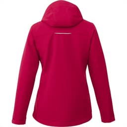 A women's fleece lined jacket in vibrant red, featuring a hood and a discreet logo on the back.