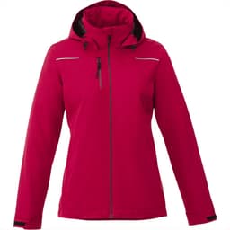 A women's fleece lined jacket in vibrant red, featuring a hood and zippered front pockets. It includes logo branding.