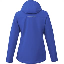 A blue women's fleece lined jacket with a hood and a reflective detail on the back. It has a logo.