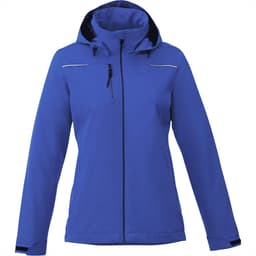 A women's blue fleece-lined jacket featuring a hood and zippered pockets, with a logo present on the garment.