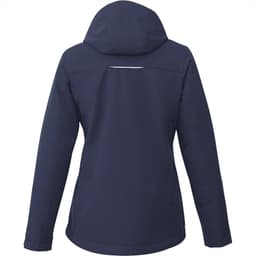 A women's navy fleece lined jacket featuring a hood and a reflective strip on the back. It has a logo present.
