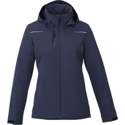 A women's fleece lined jacket in navy blue with a hood and zippered pockets, featuring branding.