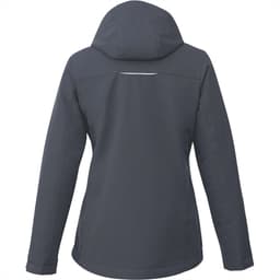 A women's fleece-lined jacket in dark grey with a hood and a branded logo on the back.