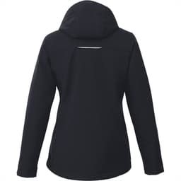 A women's black fleece-lined jacket featuring a hood and a back vent. Includes a logo on the fabric.