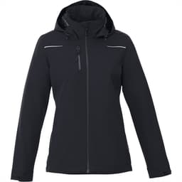 A women's black fleece lined jacket featuring a hood and zippered pockets, with a small logo on the front.