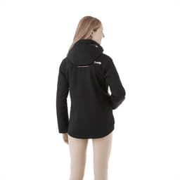 A black women's fleece lined jacket featuring a hood and a logo on the back, showcased from the rear.