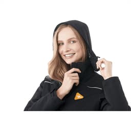 A women's black fleece lined jacket featuring a hood and a logo, designed for warmth and comfort.