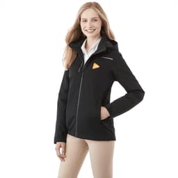 A women's black fleece lined jacket with a hood, featuring a logo and a zippered front.