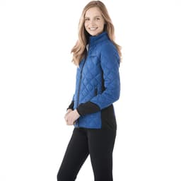 A women's insulated jacket in bright blue with black accents, featuring a quilted design and a front zip.