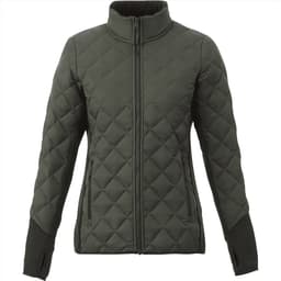 A women's insulated jacket in dark green with a quilted design, featuring front zippers and a high collar.