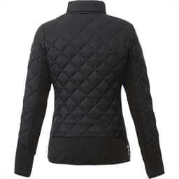 A women's Rougemont Hybrid Insulated Jacket in black, featuring a quilted design and a logo on the back.