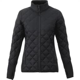 A women's black quilted insulated jacket with a high collar and zippered pockets, featuring a logo.