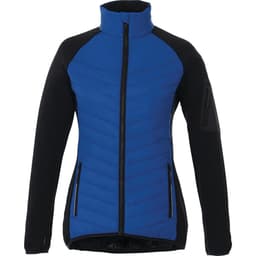 A women's insulated jacket featuring a blue front and black sleeves, with zippered pockets and a high collar.
