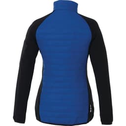 A women's hybrid insulated jacket in blue and black, featuring a fitted design and a logo.