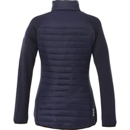 A women's navy insulated jacket with a quilted design and a high collar, featuring a logo on the sleeve.