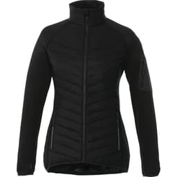 A women's black insulated jacket with a zip front, featuring a high collar and side pockets. It has a logo on the sleeve.