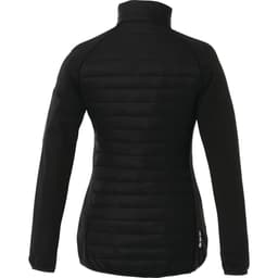 A black women's insulated jacket with a fitted design and a high collar, featuring a logo.