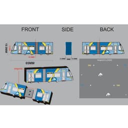 A 2D custom USB flash drive designed in the shape of a bus, featuring blue and yellow colours, with imprint areas for logos.