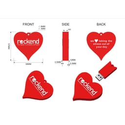 A red heart-shaped USB flash drive with a logo, featuring views from the front, side, and back.