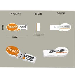 A 2D custom USB flash drive in orange and white, featuring a logo, with front, side, and back views displayed.