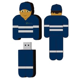 A custom 2D USB flash drive shaped like a character in a blue outfit with a logo, featuring a smiling face and hat.