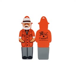 A vibrant orange USB flash drive shaped like a cartoon character in a suit and hat, featuring a logo on the back.