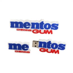 A white and blue USB flash drive shaped like the Mentos gum logo, featuring the words "mentos" and "GUM."