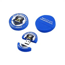 A blue 2D custom USB flash drive, featuring a circular design and a logo, with a removable cap.