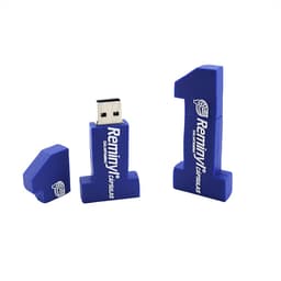 A blue 2D custom USB flash drive shaped like the number one, featuring a logo.