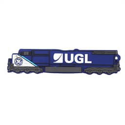 A blue and white USB flash drive shaped like a locomotive, featuring branding elements.