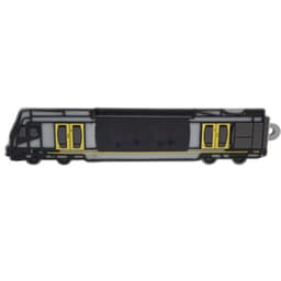 A 2D custom USB flash drive shaped like a train, featuring black, yellow, and grey details, with a logo.