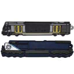 A 2D custom USB flash drive shaped like a train, featuring grey, yellow, and blue colours, with a logo present.