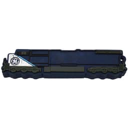 A blue custom USB flash drive designed in the shape of a train engine, featuring a logo.