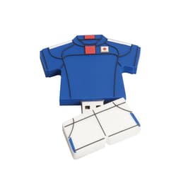 A blue and white USB flash drive shaped like a shirt, featuring a logo. The drive is designed with intricate details.