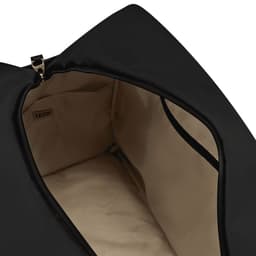 A black duffle bag with an open top and beige interior, featuring an inner pocket. It has a branded logo.
