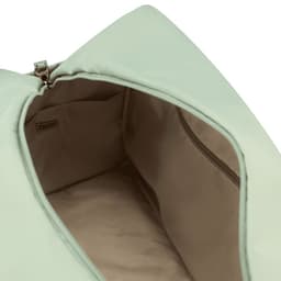 A light green duffle bag interior with a zippered pocket and smooth lining. The bag has a logo inside.