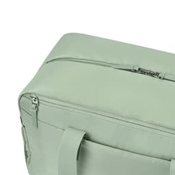 A green duffle bag with a zippered closure and side handles, featuring a smooth fabric surface.