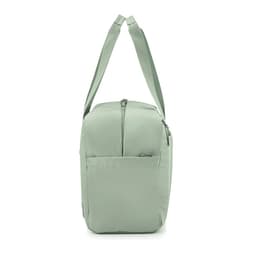A light green duffle bag with a shoulder strap and a front pocket, featuring a logo on the side.