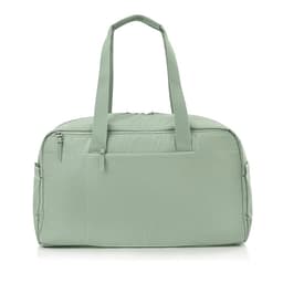 A green duffle bag with two handles and a zipper closure, featuring a logo on the front.
