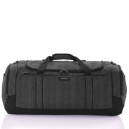 A grey duffle bag with black accents featuring multiple zippered pockets and sturdy handles.