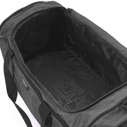 A black duffle bag featuring a spacious interior with a patterned lining and zippered closure.