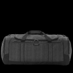 A spacious grey duffle bag with multiple compartments and a sturdy handle, featuring a logo on the side.