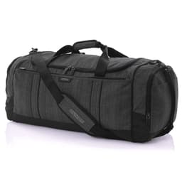 A grey duffle bag with multiple zippered pockets and a removable shoulder strap. It features a logo.