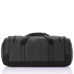 A grey duffle bag with black accents, featuring sturdy handles and multiple straps for easy carrying.