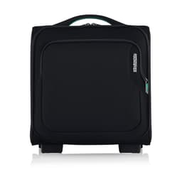 A black underseat travel bag with wheels and a handle, featuring a front pocket and a logo.