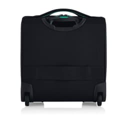 A black underseat luggage with wheels and a sturdy handle, featuring a simple design and branding.