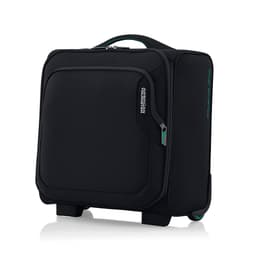 A black underseat luggage with a teal zip, featuring a smooth surface and a branded logo on the side.