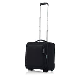 A black wheeled underseater suitcase with a retractable handle and a logo.