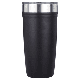 A drink bottle featuring a sleek black design with a stainless steel rim and a clear lid. It has a branding logo.