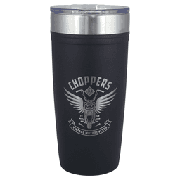 A drink bottle featuring a matte black finish, stainless steel lid, and a logo with motorcycle graphics.